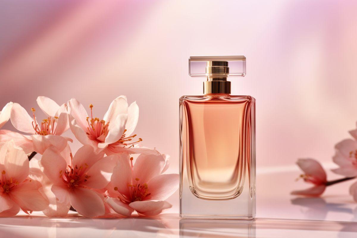 A perfume bottle with a soft pink liquid next to delicate pink flowers, set against a pastel background.