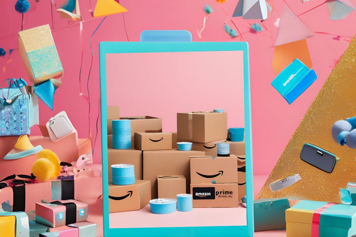 Amazon Prime boxes and blue products arranged in a playful display with colorful decorations on a pink background.