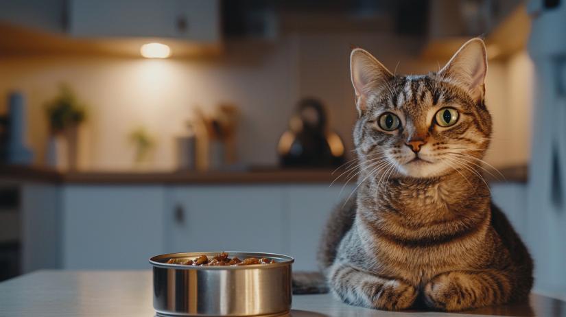 A calm tabby cat sits contentedly on a kitchen counter, gazing forward with large, relaxed eyes. In front of the cat is a shiny metal bowl filled with chewy wet cat food, the food’s rich texture and gravy clearly visible under the soft, warm kitchen lighting. The background is a softly lit, modern kitchen, with blurred details creating a peaceful and inviting atmosphere, perfectly complementing the cat’s serene demeanor.