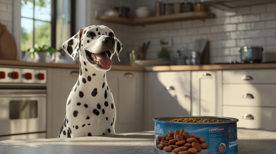 A cheerful Dalmatian dog sits in a bright, cozy kitchen, its tongue out and tail wagging, looking content and happy. In front of the dog is a can of chewy dog food, the lid open to reveal kibble inside. The kitchen is softly lit, with natural light streaming in through a large window, reflecting off the white cabinets and countertops. The scene is warm and inviting, with the Dalmatian’s black-and-white coat standing out against the soft, neutral tones of the kitchen background.