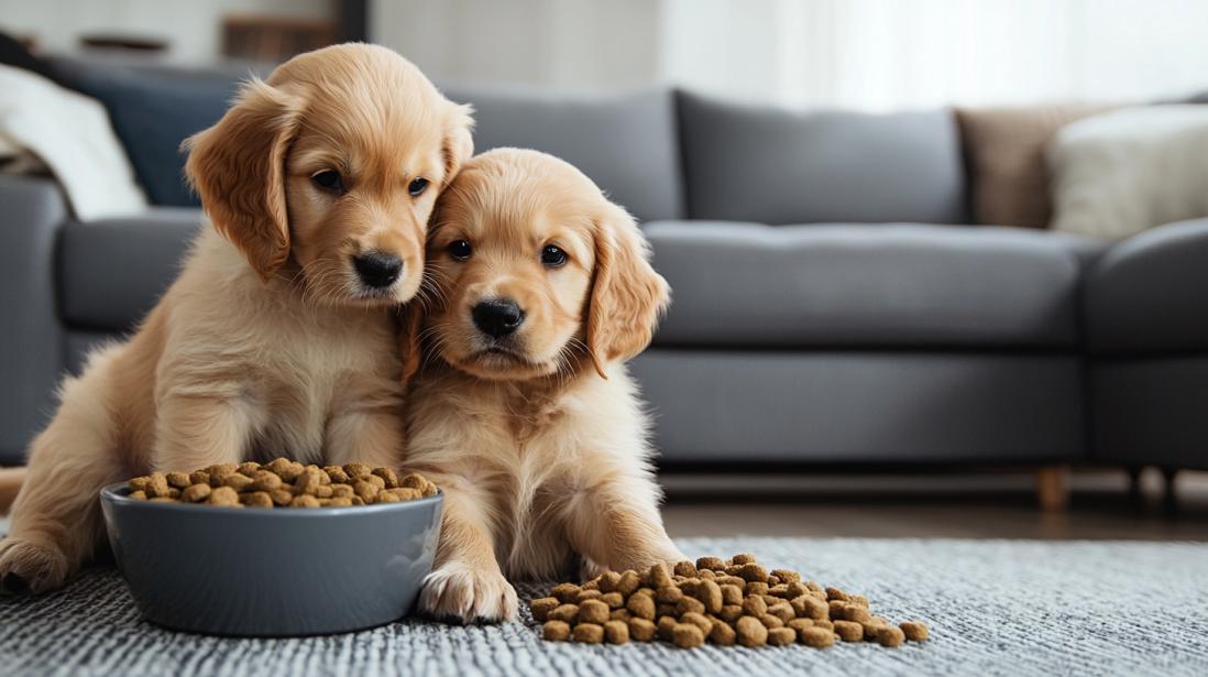 Two adorable golden retriever puppies sit beside a bowl of chewy dry dog food, with some kibble scattered on the carpet in front of them. The puppies appear calm and content, with soft natural light streaming into the cozy, modern living room in the background. The scene is filled with warmth and a sense of peaceful comfort.