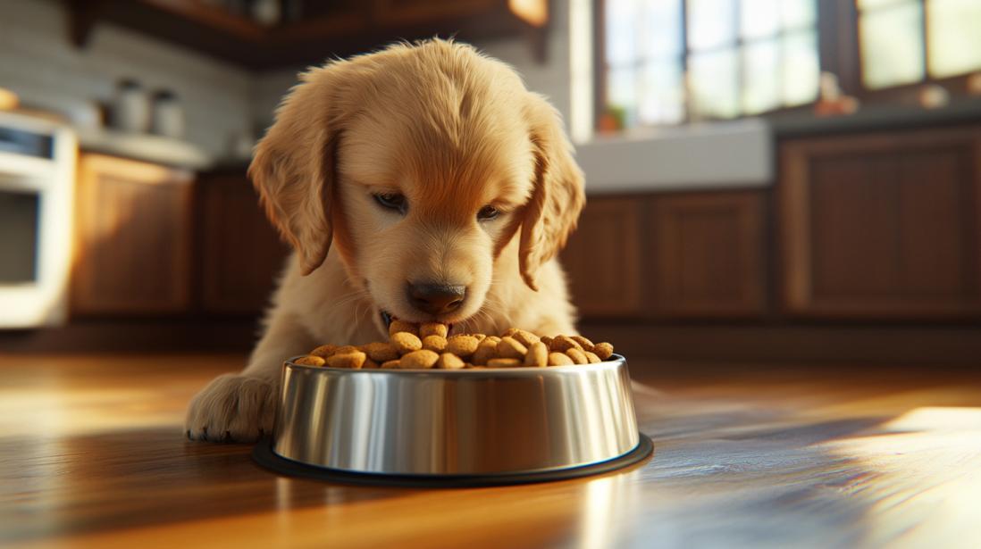 A fluffy golden retriever puppy is peacefully resting its head on the rim of a shiny metal bowl filled with chewy wet dog food kibble, eyes gently closed in a serene moment. The soft, natural light pouring in through the nearby windows highlights the puppy’s golden fur and creates a warm, inviting atmosphere. The cozy kitchen in the background features wooden cabinets and a rustic charm, perfectly complementing the tranquil setting as the puppy takes a quiet break by its food bowl.