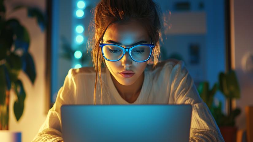 Young woman wearing blue light glasses while working on a laptop at night