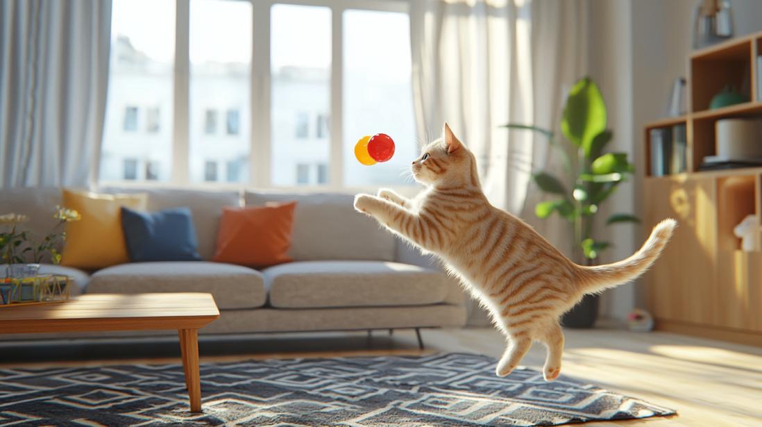A playful orange tabby cat is captured mid-air in a sunlit living room, leaping to catch a colorful red and yellow ball chewy cat toy. The cozy scene features a soft gray couch with colorful pillows and a wooden coffee table, while light floods in through large windows, illuminating the space and highlighting the cat's lively energy. A potted plant and neatly arranged shelves in the background add a touch of homey warmth.