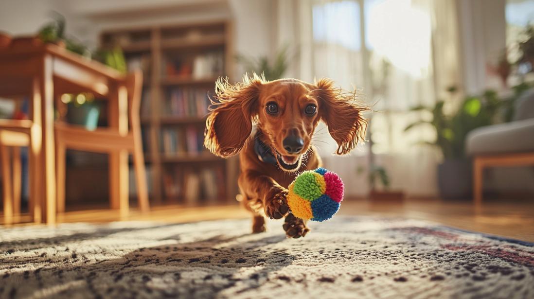 A playful dachshund runs joyfully across a cozy living room, holding a colorful, fluffy ball chewy dog toy in its mouth. Its long ears flap in the air as it sprints with excitement, tail wagging behind. The background shows a wooden table, chairs, and bookshelves filled with books and plants, all softly lit by sunlight streaming through