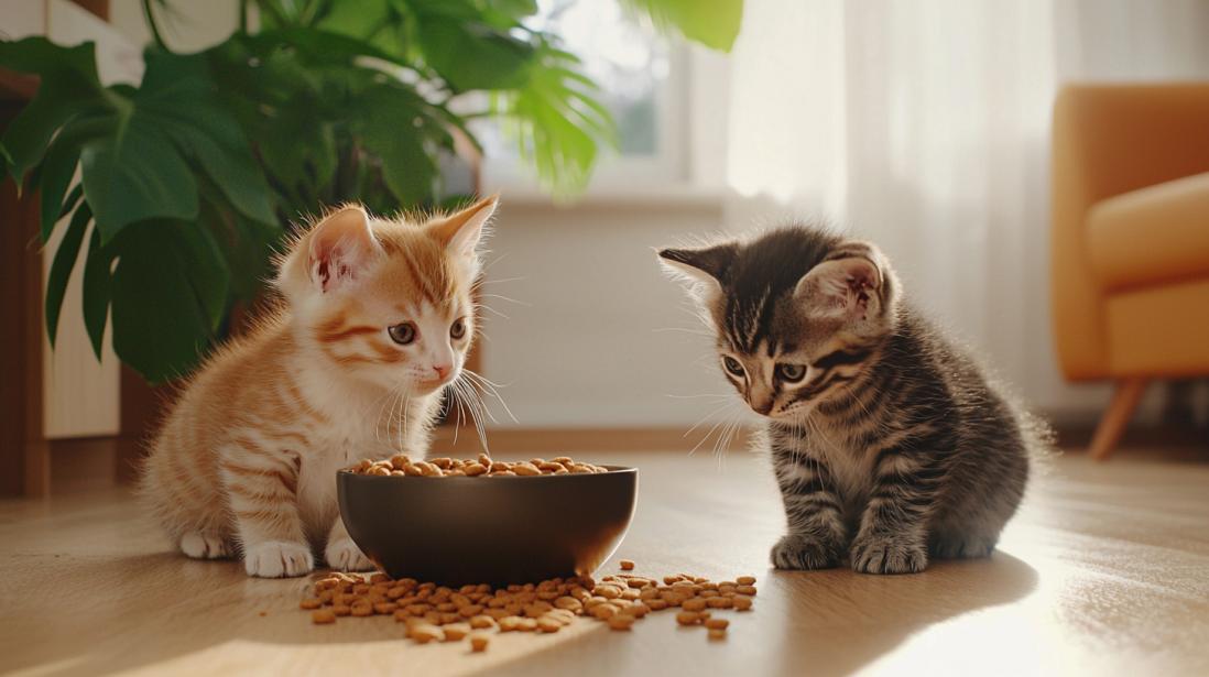 Two adorable tabby kittens sit beside a stainless steel bowl filled with chewy dry cat food, with a few pieces scattered on the floor. The kittens are focused on the food, not looking at the camera, creating a natural, candid moment. In the background, a large green plant adds a touch of nature to the cozy, modern living room, illuminated by soft sunlight streaming through the windows.