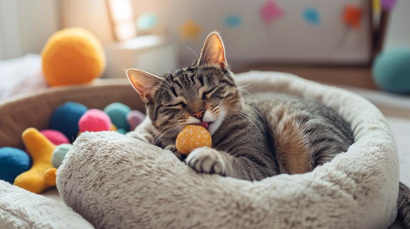 Cat resting in a cozy bed with a dental chew toy
