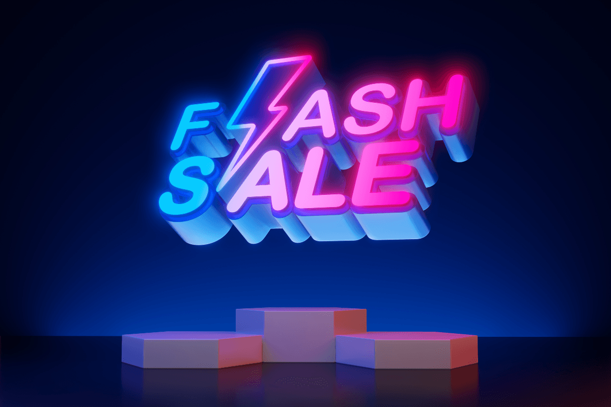 Neon 3D text reading 'Flash Sale' with a lightning bolt symbol, glowing in pink and blue against a dark background.