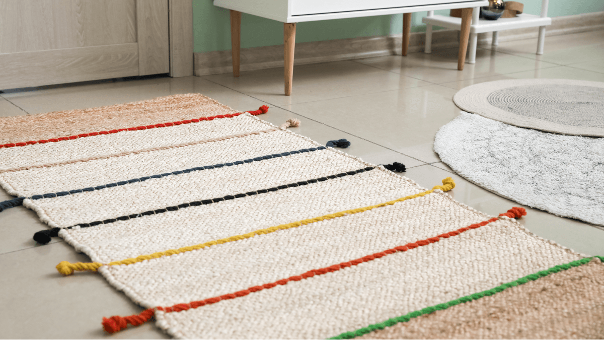 Modern living room with a plush white sofa adorned with cozy pillows, a navy blue throw, and a textured blue area rug, creating a serene and elegant ambiance.