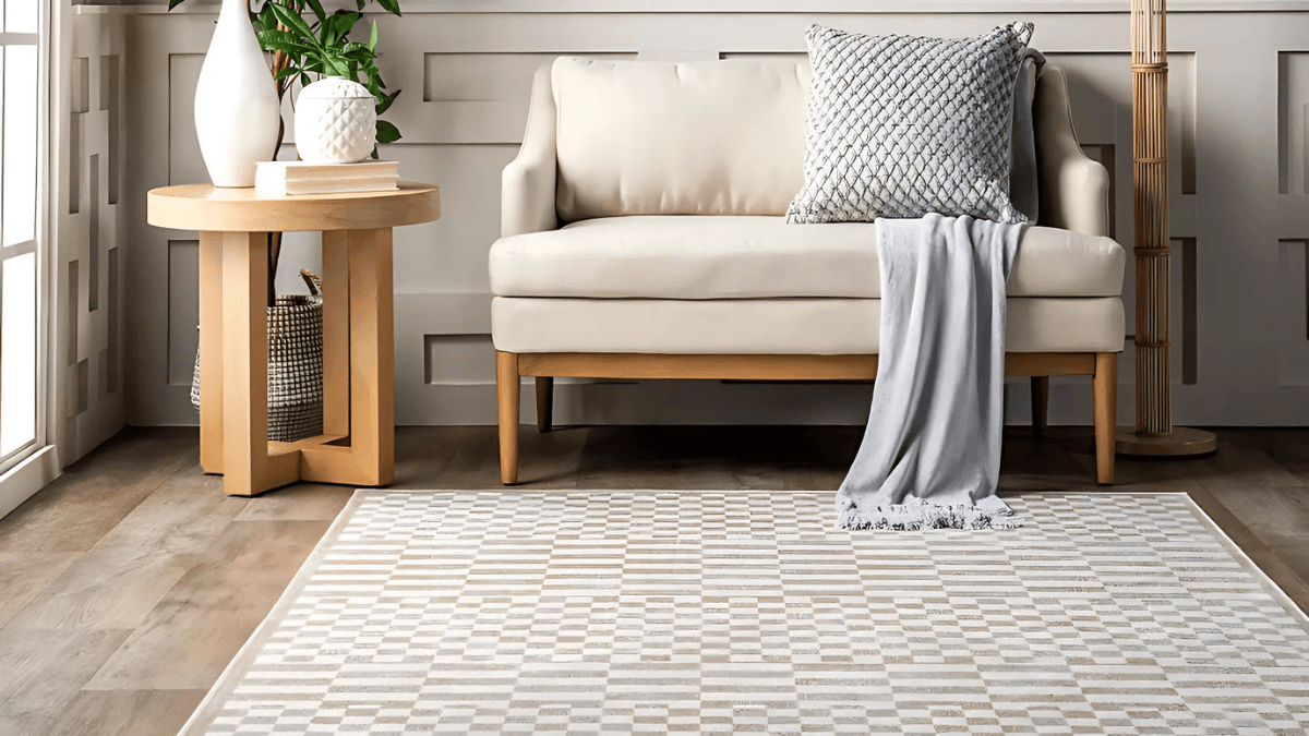 Modern living space featuring a stylish blue armchair with gold accents, a textured bench with minimalistic decor, and a chic abstract area rug on a wooden floor for an elegant touch.