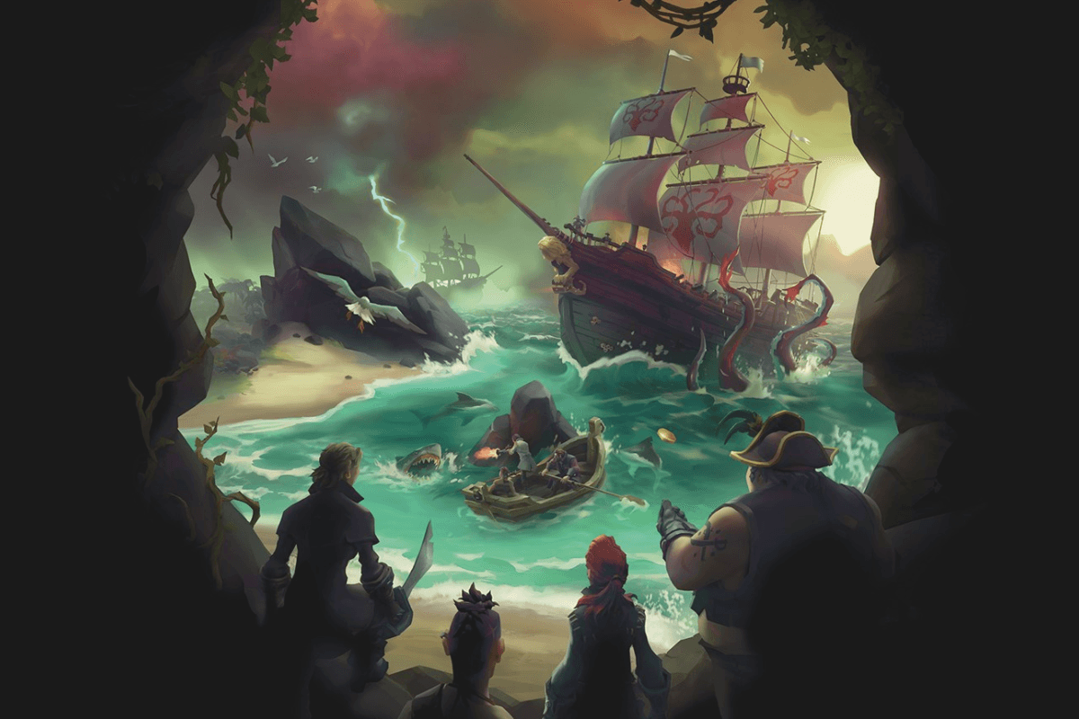 Pirates watch from a cave as a ship battles treacherous waters and a giant sea creature, with stormy skies and ominous lighting.
