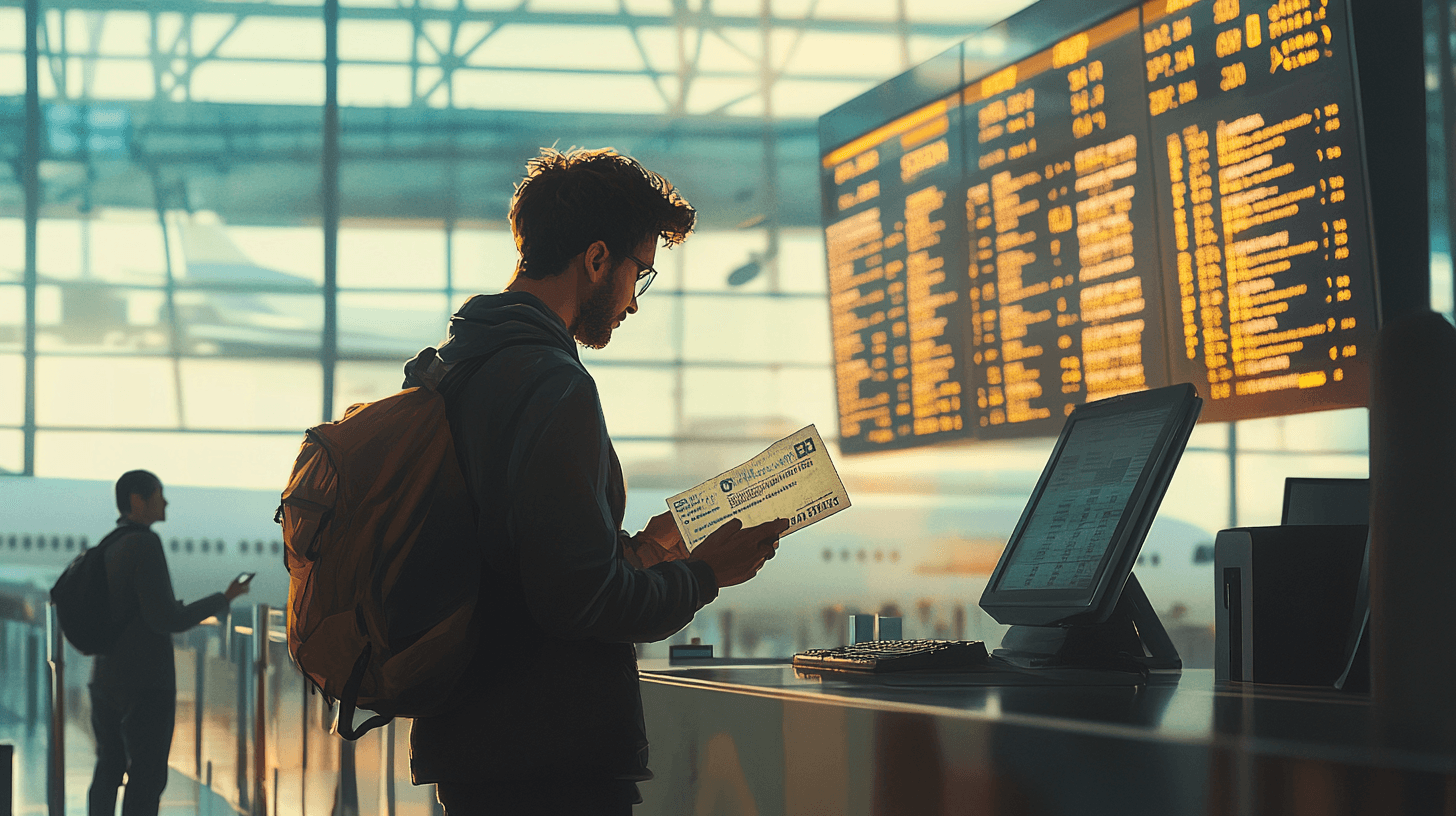 A traveler holding a boarding pass at an airport check-in counter, with flight information displayed on a large screen in the background.