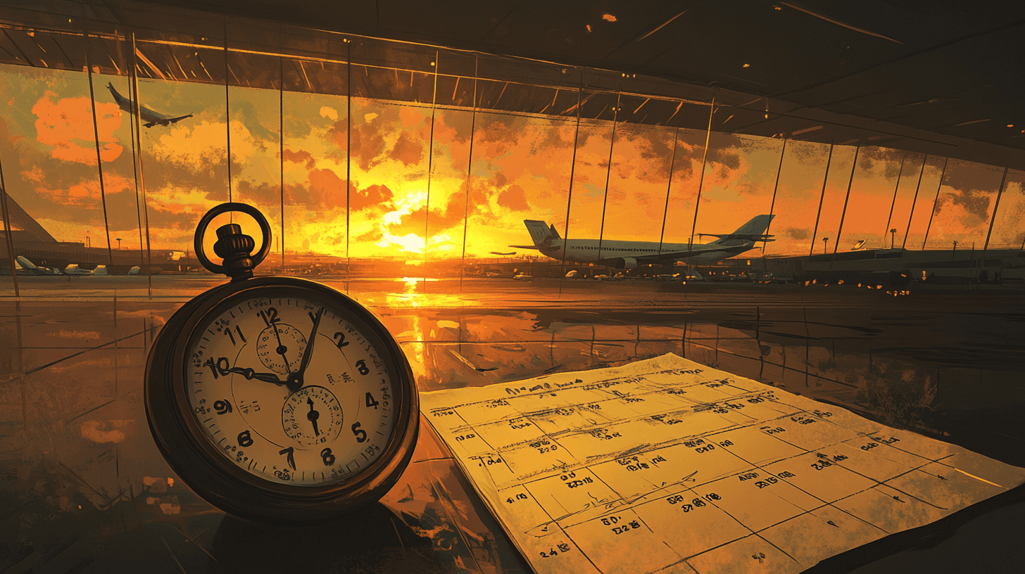 Digital illustration of an airport at sunset with a stopwatch and flight schedule in the foreground, symbolizing time management and travel.