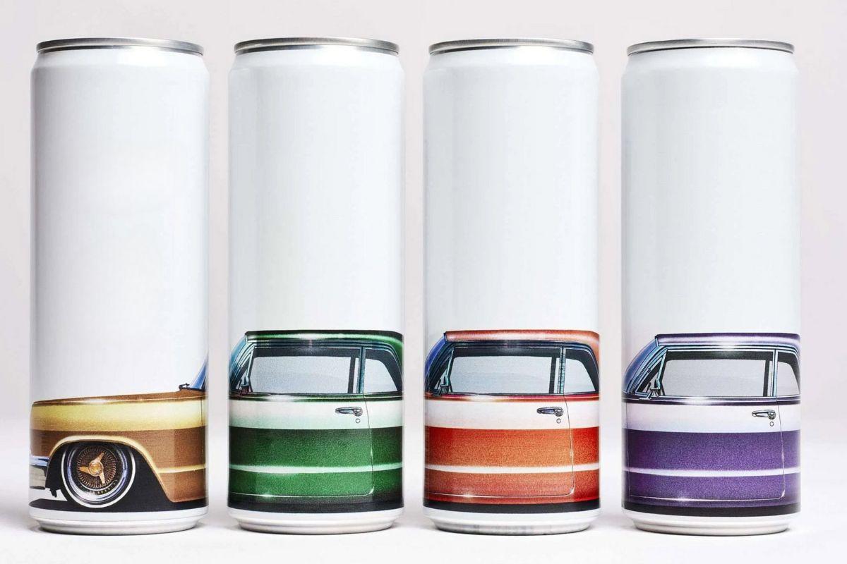 Four beverage cans with minimalistic designs featuring partial vintage car illustrations in different colors.