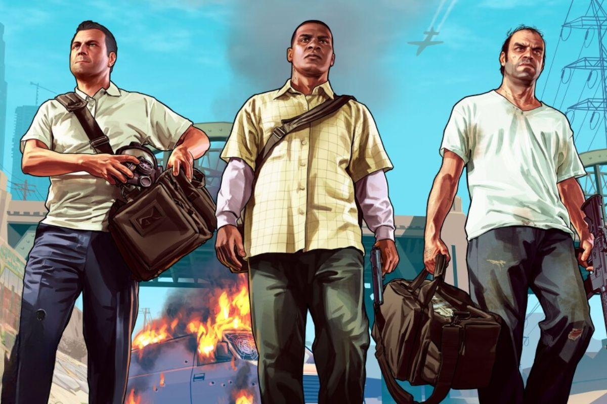 Three determined characters walking forward with serious expressions, each carrying bags and weapons, with a burning car and city backdrop behind them.