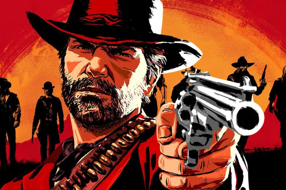 Close-up of a rugged cowboy pointing a revolver, with a group of silhouetted figures and an orange-red sunset in the background.