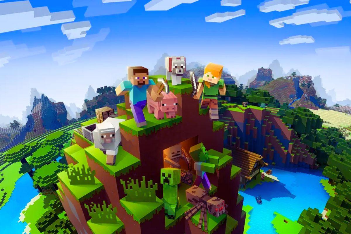 Blocky characters from Minecraft stand on a grassy hill with various animals and creatures, overlooking a pixelated landscape of mountains, trees, and rivers.
