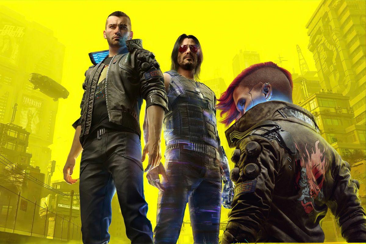 Three futuristic characters in cyberpunk-style attire stand against a neon yellow cityscape background, showcasing a gritty, high-tech aesthetic.