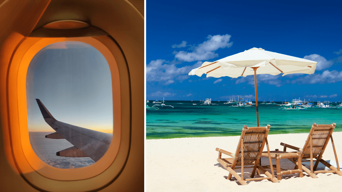 View from an airplane window with a wingtip at sunset (left) and a serene beach scene with wooden chairs and umbrellas on white sand overlooking turquoise water and boats (right).