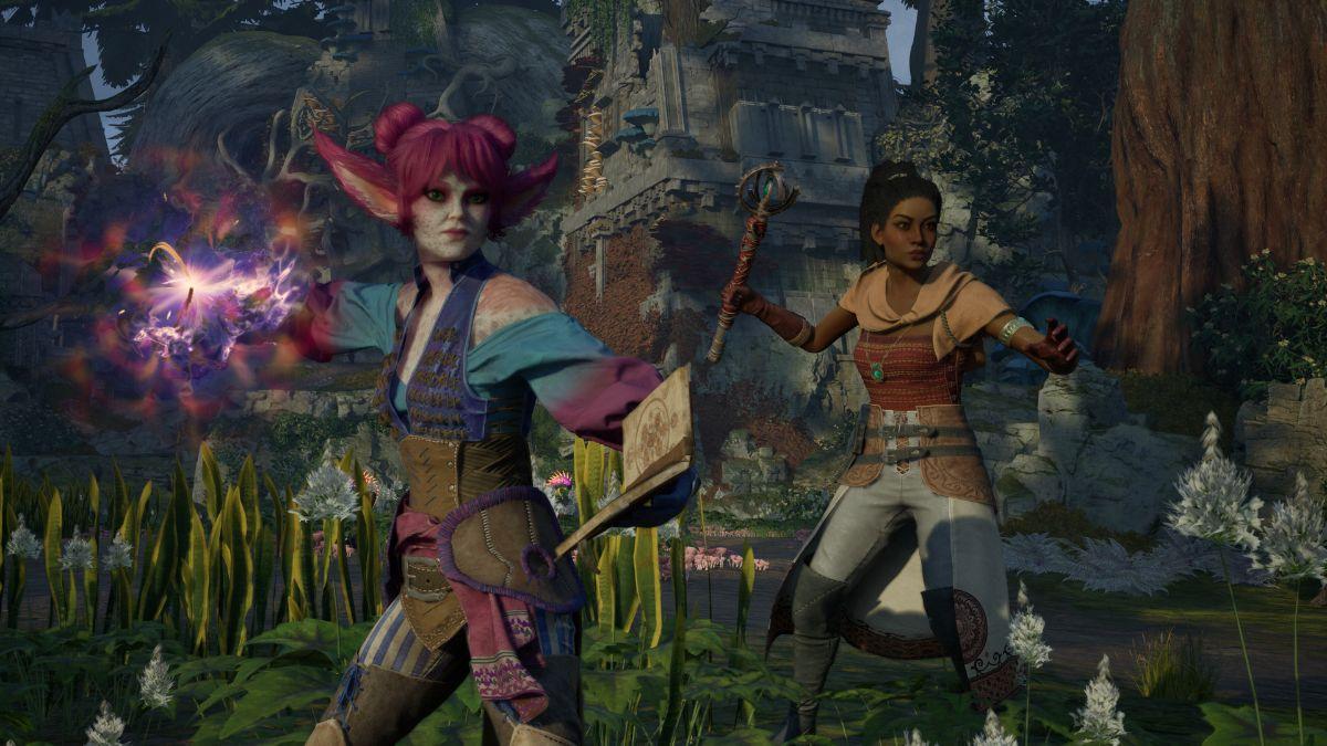 Two magical warriors stand ready for battle in a lush, overgrown ruin, with one casting a glowing spell and the other holding a staff.