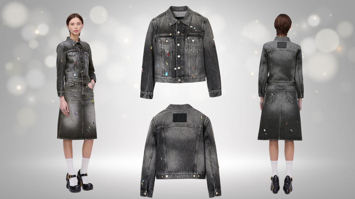 A black denim jacket with colorful gem embellishments, shown from different angles with a matching skirt.