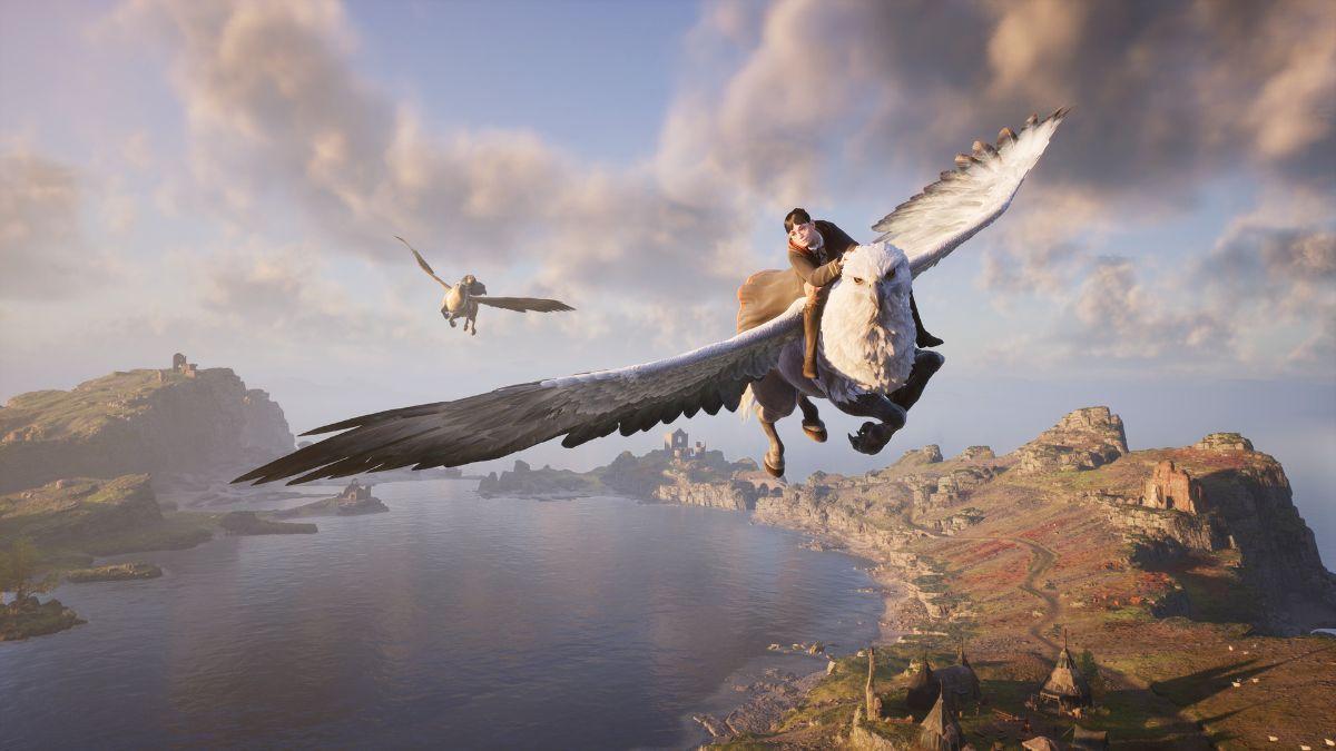 A character flies on a large winged creature over a scenic landscape with mountains, water, and distant buildings.