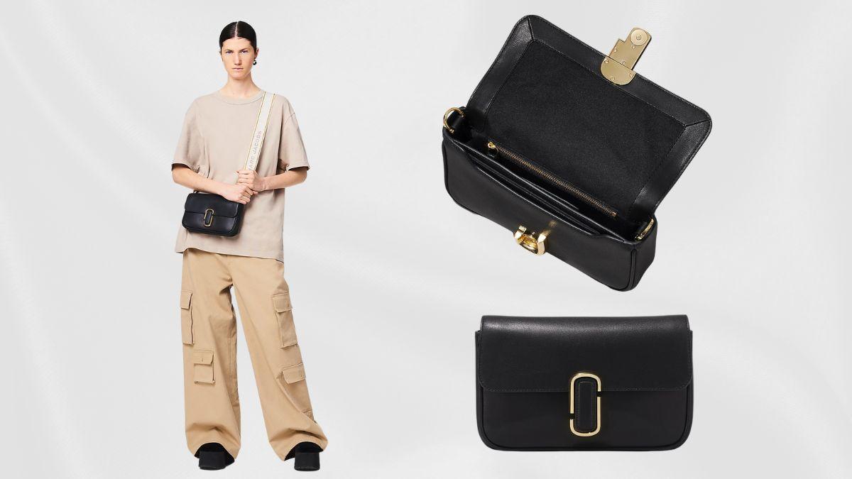 A black shoulder bag with gold hardware, shown worn by a model and displayed open and closed.