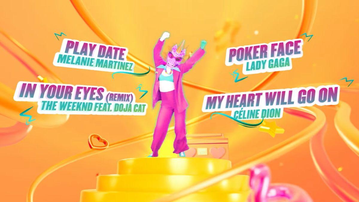A Just Dance 2025 screen shows a dancer in a pink suit with song titles from Melanie Martinez, Lady Gaga, The Weeknd, and Celine Dion.