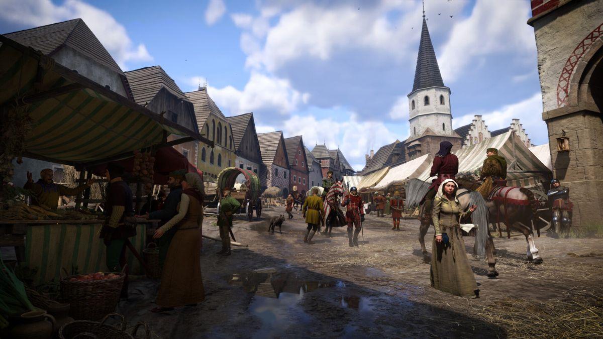 A medieval marketplace scene, showing villagers, merchants, and knights in a busy town with historic buildings and market stalls.