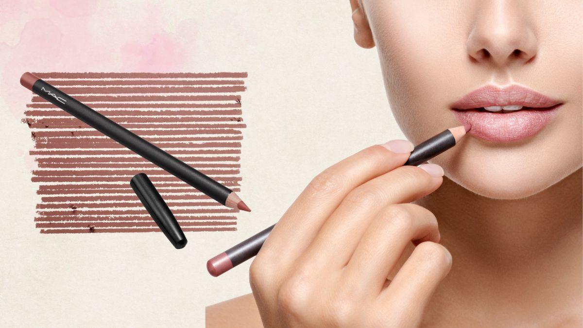 A woman applies a lip liner to her lips, with an image of the pencil, cap, and swatches of the warm brown-pink shade in the background.
