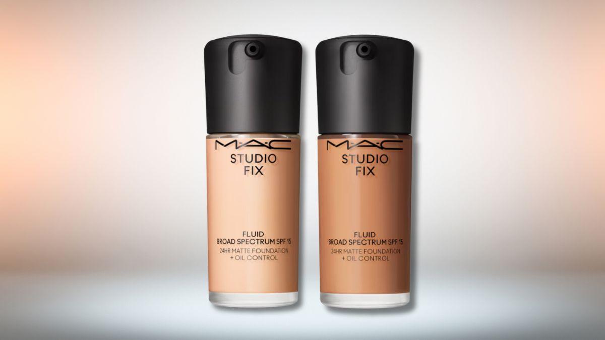 Two bottles of MAC Studio Fix Fluid SPF 15 foundation with black pumps, showing different shades against a soft background.