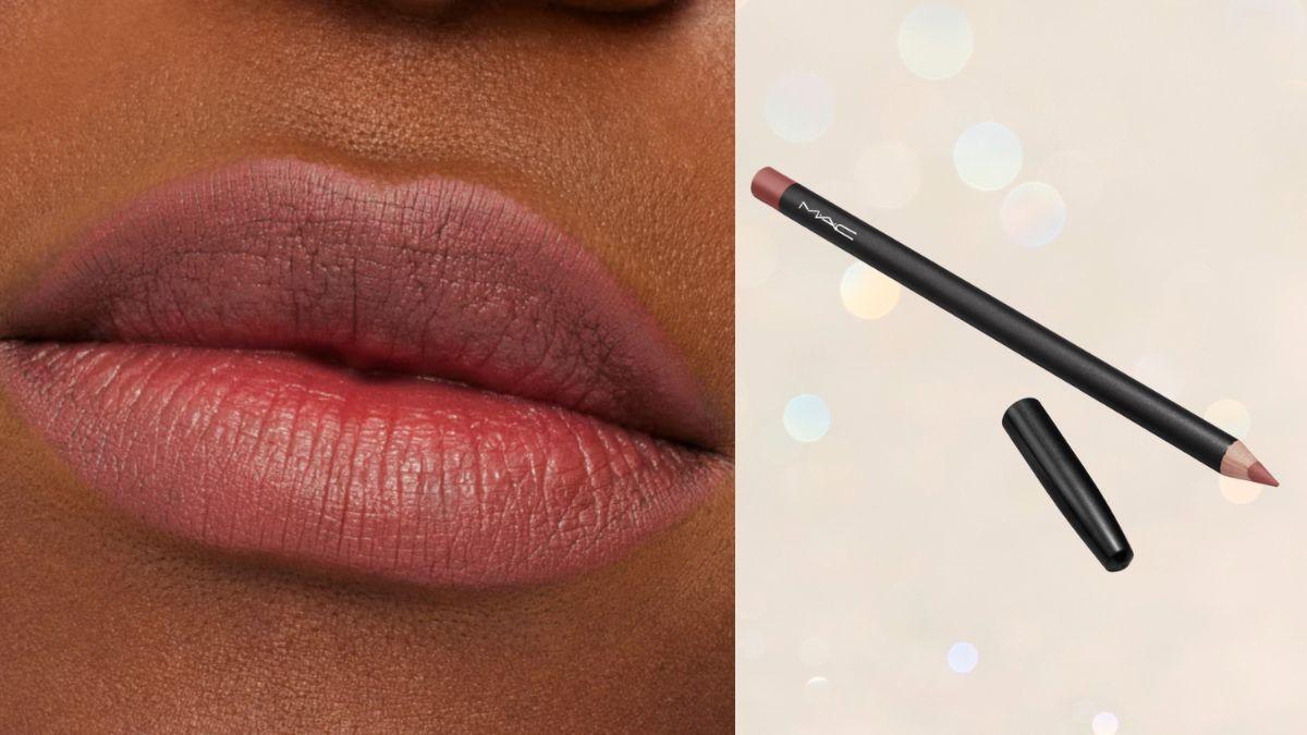 A close-up of lips wearing MAC Whirl lip liner in a muted rose shade, alongside an image of the pencil with its cap removed on a soft, bokeh background.