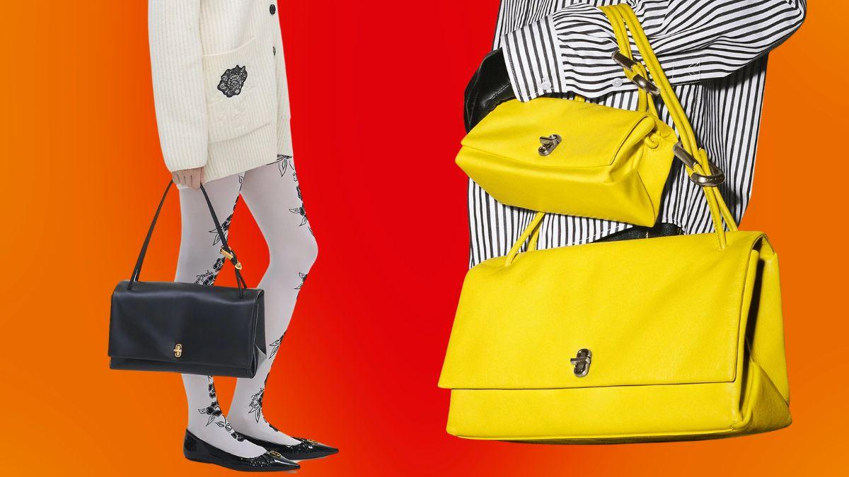 Two people are holding stylish handbags, one black and one bright yellow, against a bold red and orange background.