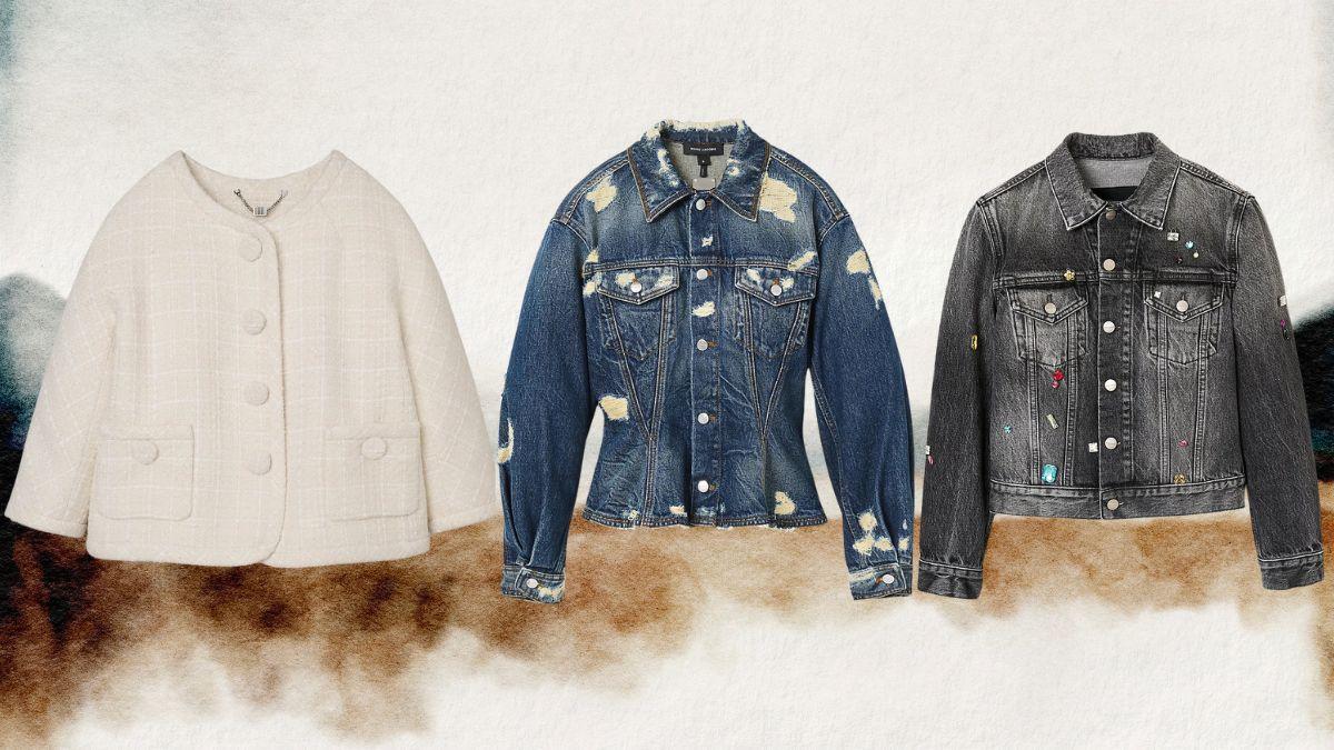 Three stylish jackets are displayed against a soft, textured background: a white tweed jacket, a distressed blue denim jacket, and a black denim jacket with small colorful embellishments.
