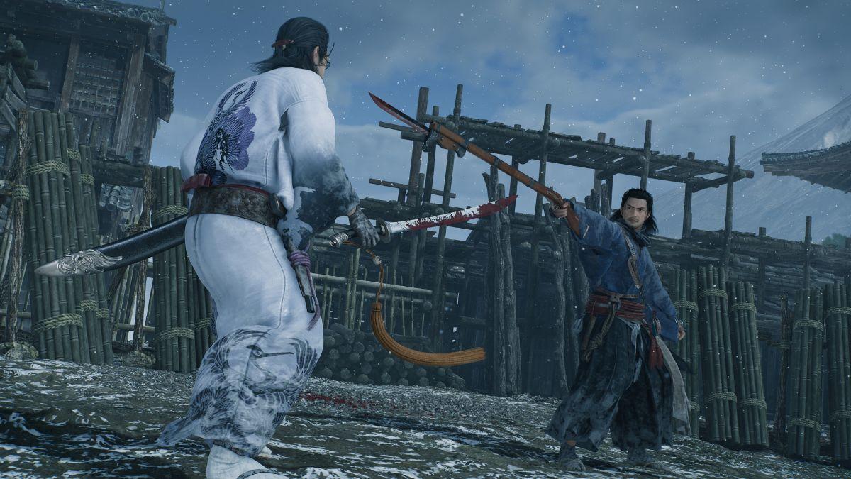 Two samurai face off in a snowy battlefield, gripping their bloodstained weapons in an intense duel.