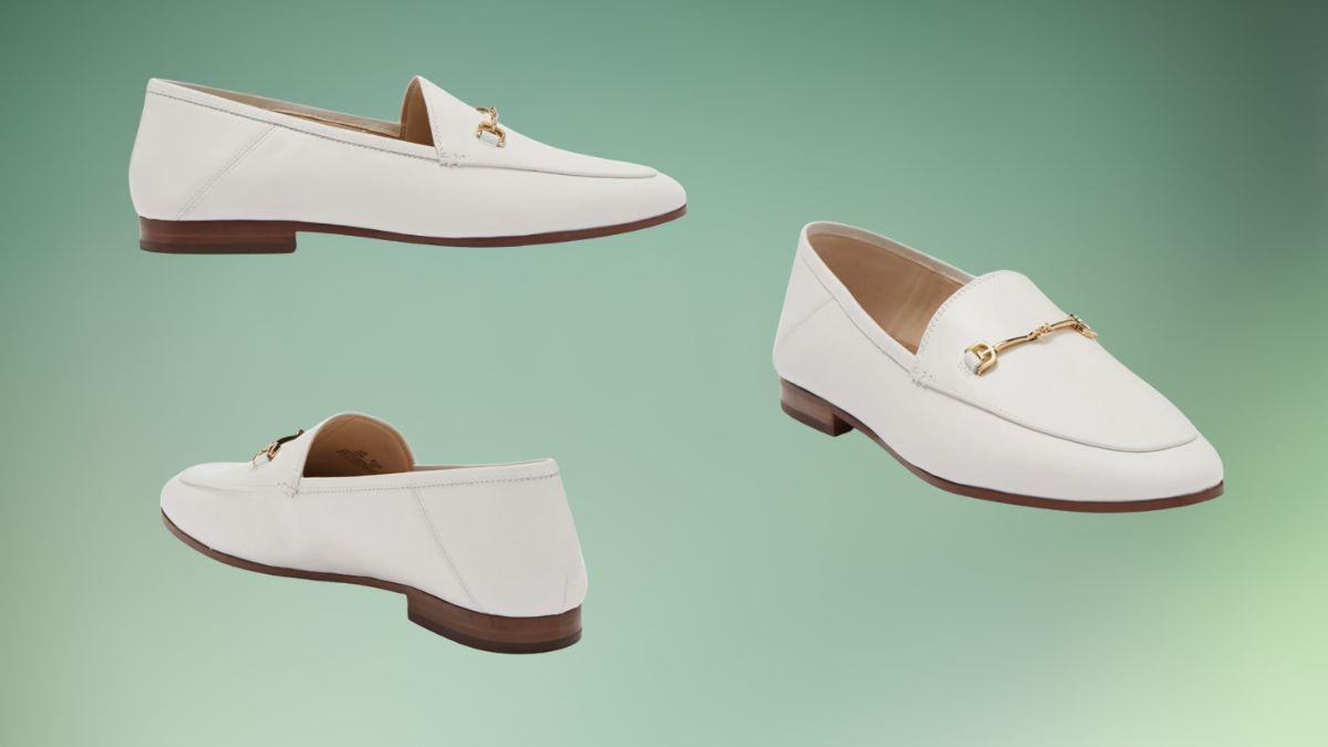 White loafers with gold hardware and a low heel, shown from different angles on a green background.