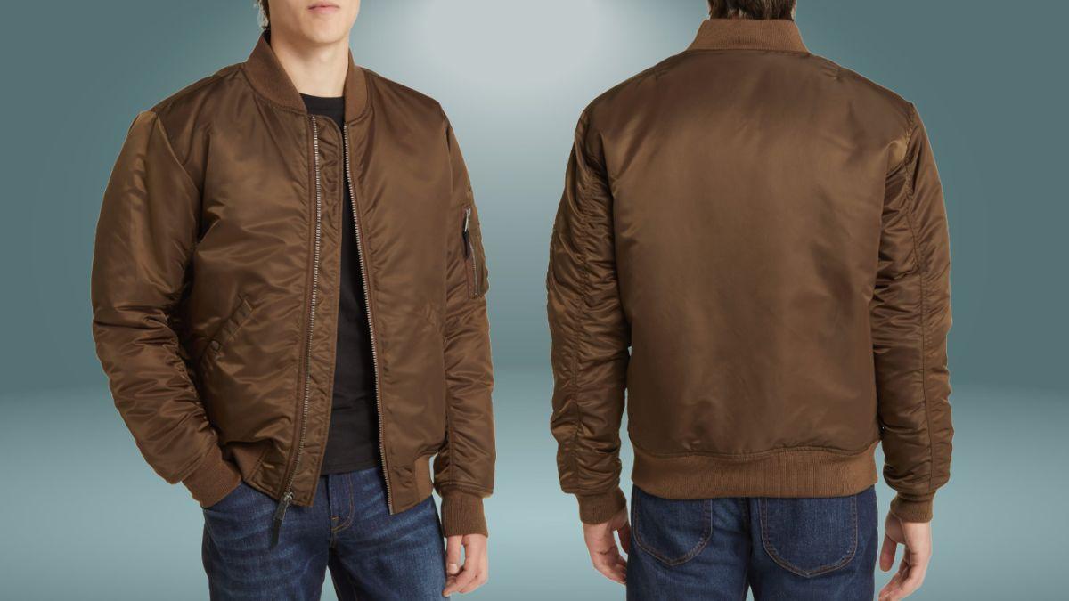A man wearing a brown bomber jacket, shown from the front and back to highlight its fit, ribbed details, and classic design against a neutral background.