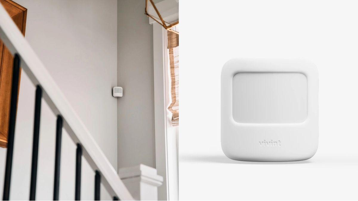 A motion sensor is mounted on a wall near a staircase, with a close-up view of the same device shown on the right.