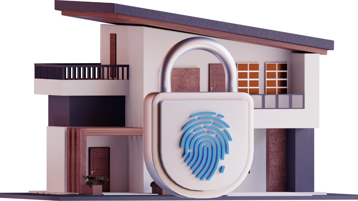 A modern house with a large digital padlock featuring a fingerprint symbol, representing smart home security.