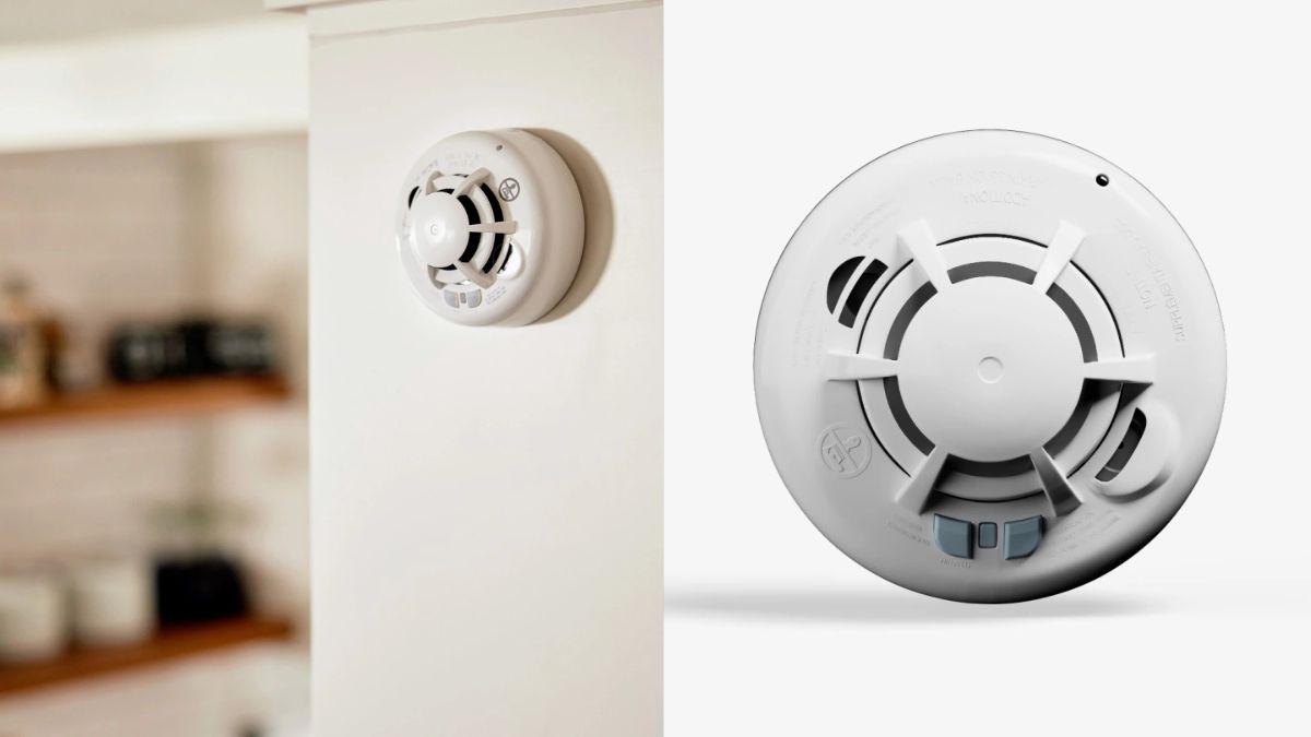 A white smoke detector is mounted on a wall in a kitchen, with a close-up view of the same device on the right.