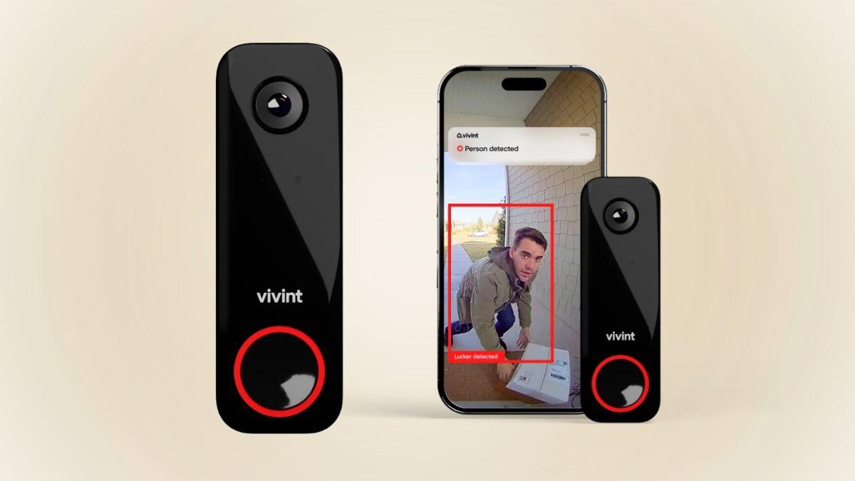 A smart doorbell camera detects a person near a package, sending an alert to a smartphone with a red-highlighted notification.