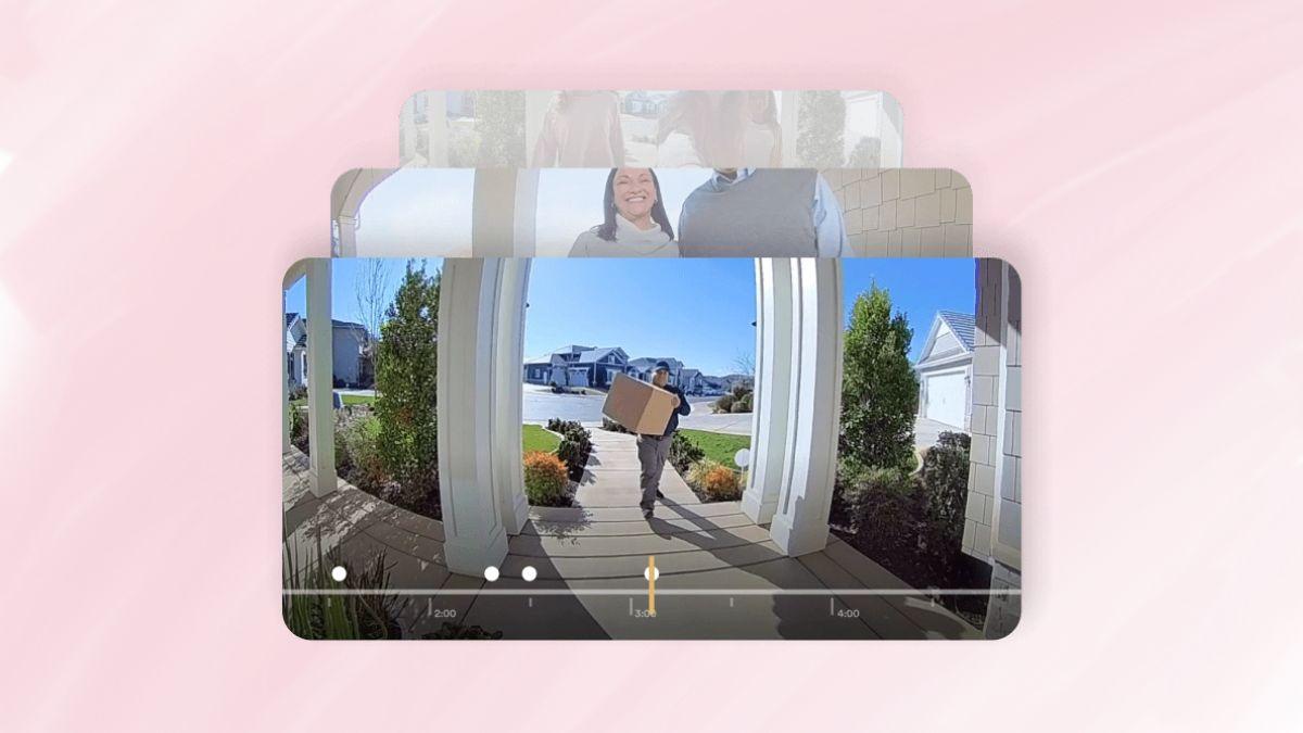 A smart doorbell camera shows recorded video clips of visitors, including a delivery person carrying a package.
