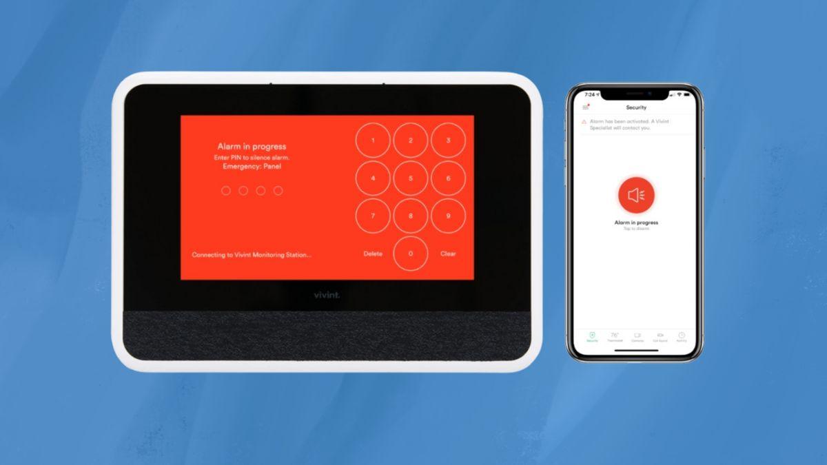 A home security panel with a red alarm message and a smartphone showing the same alert.