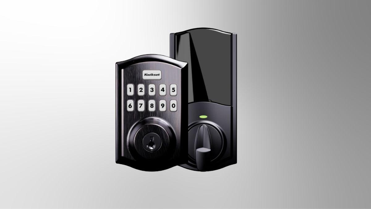 A black electronic door lock with a keypad and a traditional keyhole.