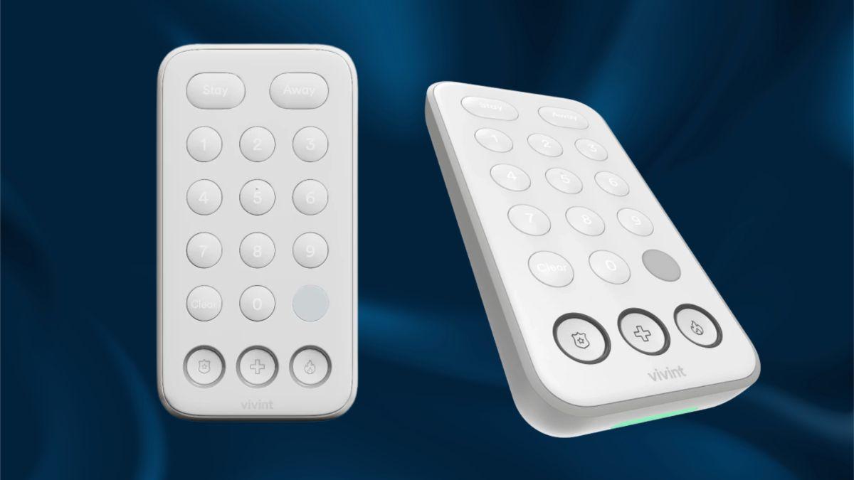 A white keypad for a security system with buttons for settings like "Stay" and "Away."