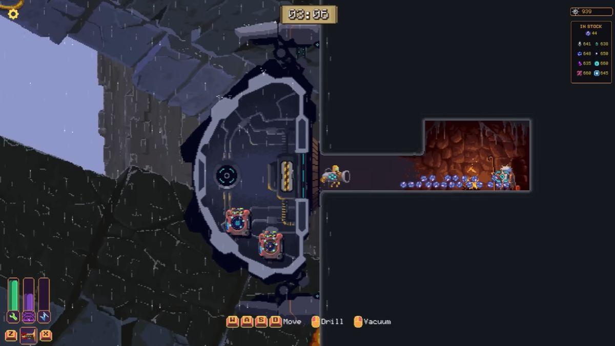 A screenshot from Wall World shows a player mining blue crystals inside a cave while connected to a large robotic base.