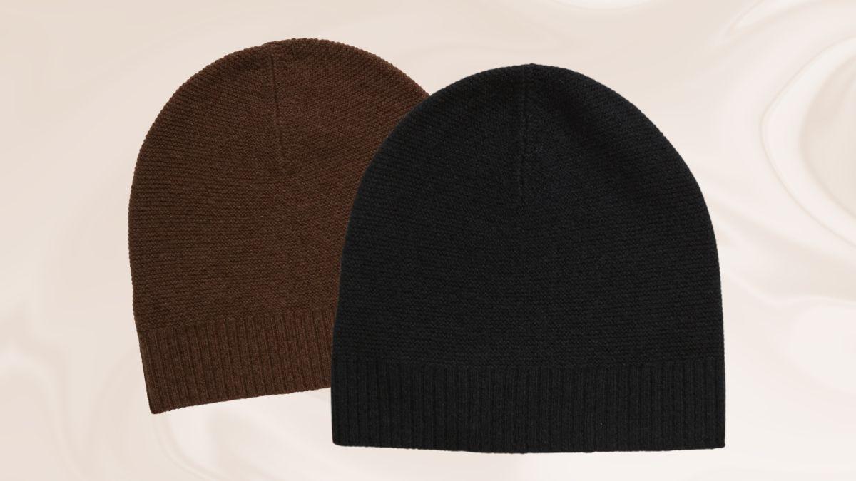 Two wool and cashmere beanies, one in brown and one in black, displayed on a light background.