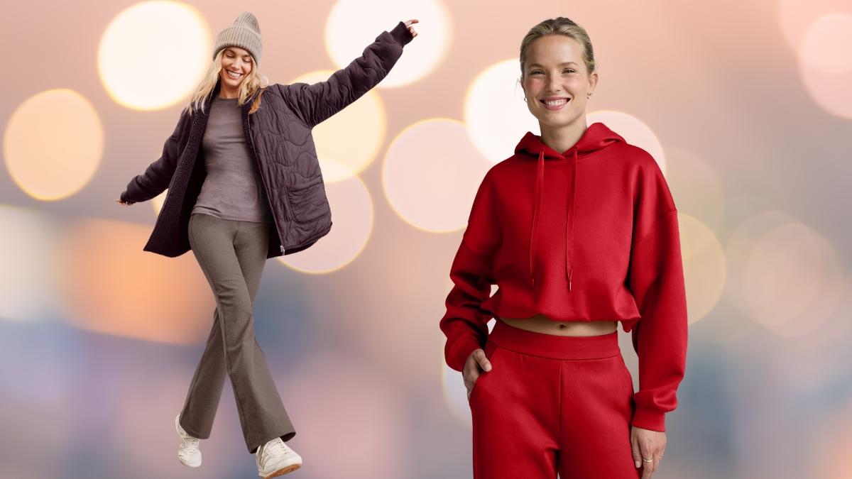Two women wearing cozy loungewear and outerwear, one in a quilted jacket with flared pants and the other in a red hoodie and joggers against a soft blurred background.