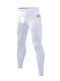 LEICHR White Compression Pants Mens Tights Football Running Workout Leggings with Pockets Active Sports Gym Baselayer Pants