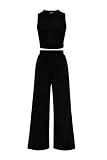 PRETTYGARDEN Women's Summer 2 Piece Outfits Ribbed Knit Lounge Sets Tracksuit Sleeveless Crop Tank Tops Wide Leg Casual Pants (Black,Large)